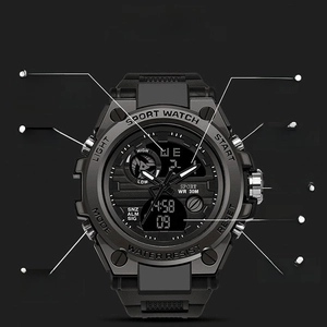 Detail diagram of men's digital sports watch showing dual display and 30m waterproof scale