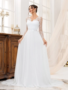 Elegant white lace long sleeve wedding dress with V-neck and flowing chiffon skirt