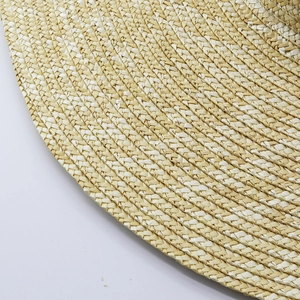Macro shot of the tight weave pattern and edge detail on a beige straw sun hat