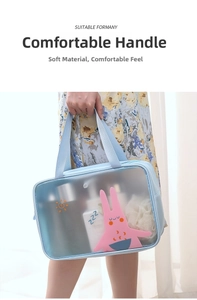 Detail of waterproof blue PVC toiletry bag with soft handle and cute cartoon bunny pattern