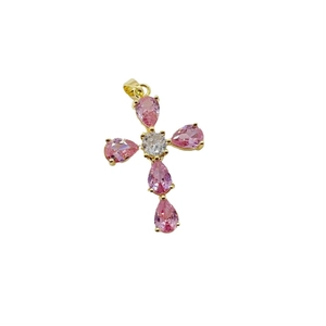 Gold plated cross pendant with pink teardrop zircons and center crystal detail