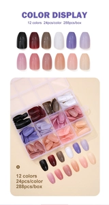 Detail view of 12-color glossy false nails set in a clear grid organizer box