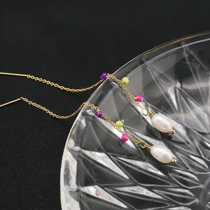 Minimalist gold long tassel earrings with colorful beads and natural freshwater pearls
