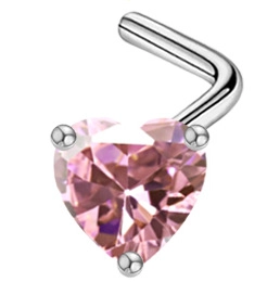 Detailed view of silver L-shaped nose stud with a polished pink heart zircon stone