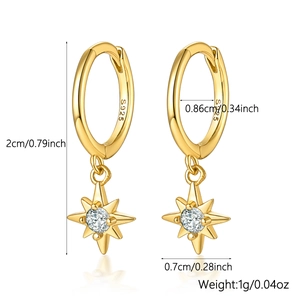 Macro shot of gold S925 sterling silver star earrings with zircon inlay and dimensions