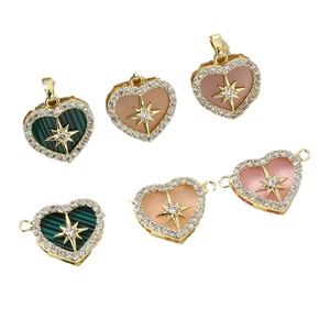 Gold plated heart pendants with zircon and malachite stone accents for jewelry making