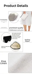 Détail de la trousse en lin avec fermeture éclair en métal et base pliable pratique