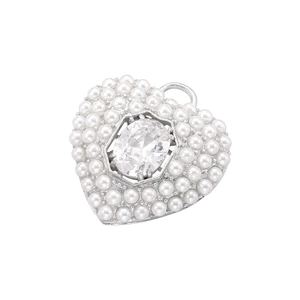 Detailed view of a silver heart pendant with faux pearls and an oval gemstone