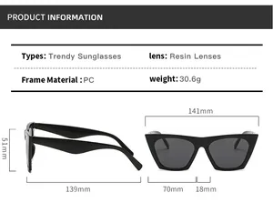 Detailed size chart for trendy square sunglasses with resin lenses and PC frame