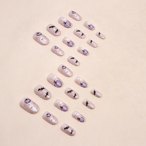 Cute Halloween press-on nails set with glitter pumpkin and bat designs 24 pieces