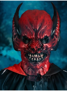 Detailed view of red demon mask with black horns and matching hooded cape for Halloween