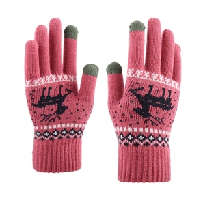 Pink knit touchscreen gloves featuring black reindeer and snowflake holiday patterns