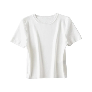 Close-up of classic white short sleeve knitted top showing ribbed crew neck and fine texture