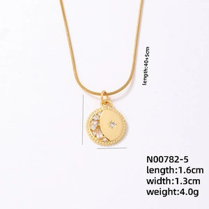 Gold star and moon titanium steel necklace with zircon pendant and flat snake chain