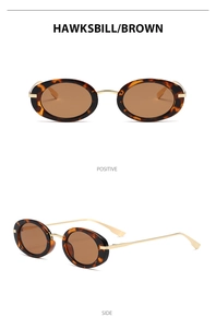Detail view of oval tortoise shell sunglasses with gold metal temples from multiple angles