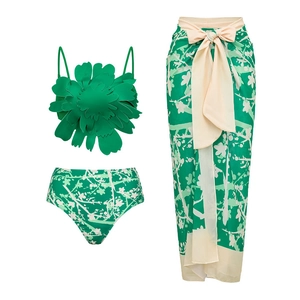 Three-piece beach set featuring 3D floral bikini top, floral high-waist bottoms and wrap skirt