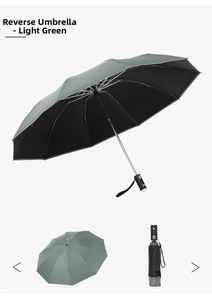 Detailed views of light green automatic inverted umbrella with ergonomic handle and wrist strap