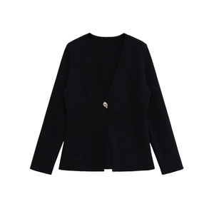 Women's black knit cardigan with deep V-neck and decorative gold irregular metal button