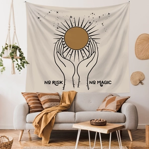 Bohemian tapestry featuring hand and sun line art with No Risk No Magic text for home decor