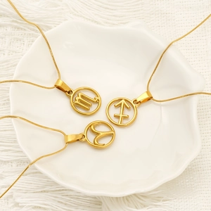 12 Zodiac Signs Pendant Necklace 18K Gold Plated Stainless Steel Round Hollow Snake Chain Retro Fashion Jewelry For Women