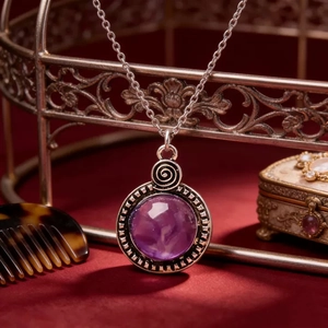 Vue détaillée d'un pendentif vintage en résine violette avec cadre en spirale argentée