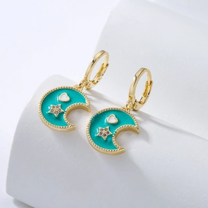 Gold-plated moon earrings with turquoise enamel and zircon stars for women