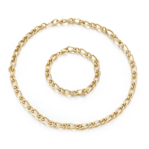 Golden titanium steel striped curb chain necklace and bracelet set with lobster clasp