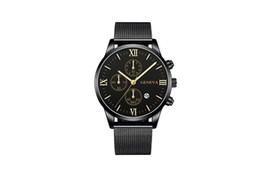 Detailed close-up of Geneva black quartz watch with mesh band and Roman numerals dial