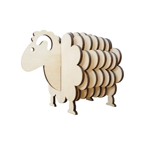 Detail view of laser-cut wooden sheep coaster set with natural plywood grain texture