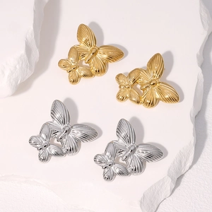 Vintage Double Butterfly Stud Earrings Stainless Steel Earring Post 18K Gold Plated Textured Wing Women Non Tarnish