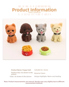Close-up of four miniature resin puppy figurines with food bowls for garden decor