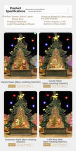 Detailed specs of Christmas tree lantern music box with lighting and snow features