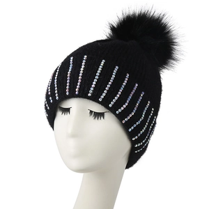 Women Winter Knitted Beanie Hat With Faux Fur Pom Pom And Colorful Rhinestones Warm Fleece Lined Ribbed
