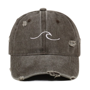 Vintage washed charcoal baseball cap with white wave embroidery and distressed details