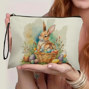 Easter Bunny Makeup Bag Imitation Linen Cosmetic Pouch With Zipper Wristlet Strap Portable Travel Toiletry Organizer Print