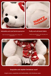 Detail of polar bear plush with Christmas hat, scarf, and merry christmas print on paw