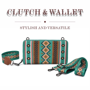 Detail view of Bohemian canvas clutch with detachable geometric patterned shoulder strap
