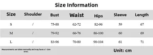 Größentabelle für figurbetontes Damenkleid mit Maßen für S, M, L in Zentimetern