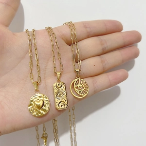 Stainless Steel Gold Plated Heart Evil Eye Pendant Necklace Bohemian Retro Paperclip Chain Jewelry For Women