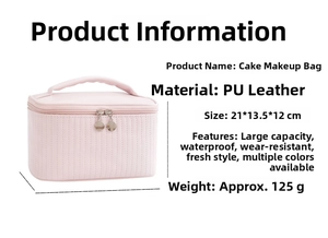 Pink PU leather cake makeup bag showing dimensions 21x13.5x12cm and dual zipper handles
