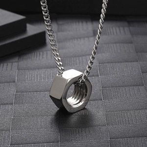 Industrial style titanium steel necklace with a creative silver hex nut pendant for men