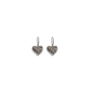 Elegant silver heart earrings with textured vertical lines and minimalist ear hooks