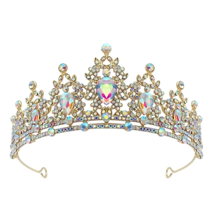 Detailed close-up of a golden bridal crown with sparkling colorful rhinestones