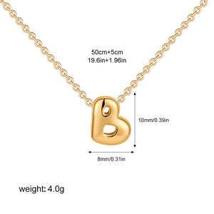 Detail view of gold bubble letter B pendant necklace with precise dimensions and weight