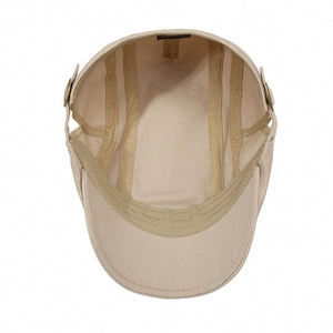 Adjustable beige cotton flat cap with metal side buckles and soft inner lining