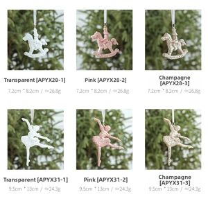 Christmas ornaments set featuring glittery rocking horse and ballet dancer figurines