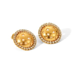 18K gold stainless steel stud earrings with hollow star design and crystal accents