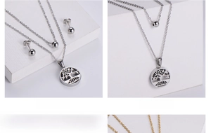 Detail of two-layer tree of life necklace with round bead earrings set in silver finish