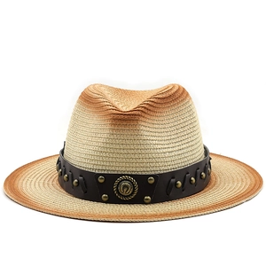 British style gradient straw fedora hat with studded leather band and horseshoe emblem