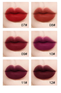 Lipstick color swatches 07-12 showing matte velvet textures and deep berry shades